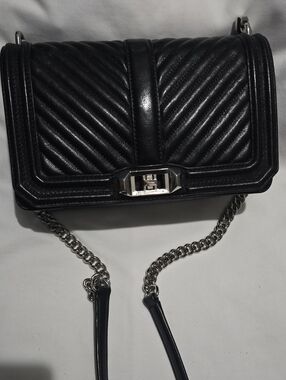 Rebecca Minkoff Black Quilted Leather Crossbody Bag with Silver Chain